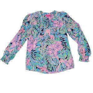 Lilly Pulitzer XS Floral Tropical LS Blouse Womens 100% Polyester Bright Pink Bl